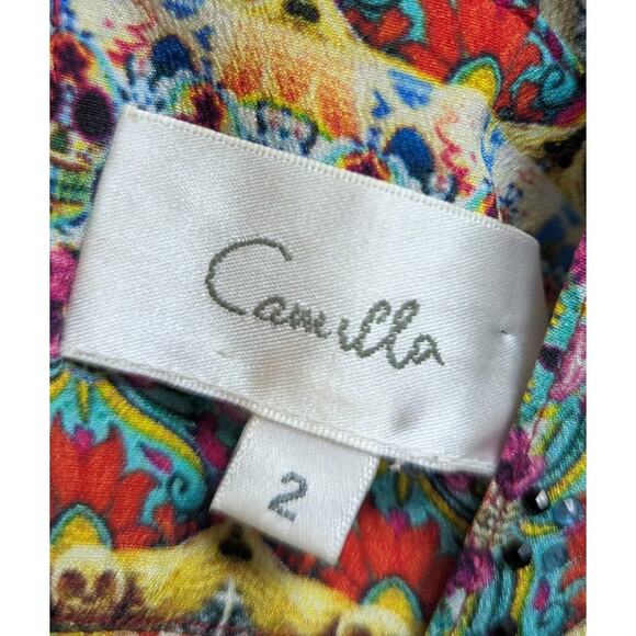 Camilla Deep V Mini Dress Festival Floral Print Beaded Resortwear Size Medium 2 - Picture 6 of 6